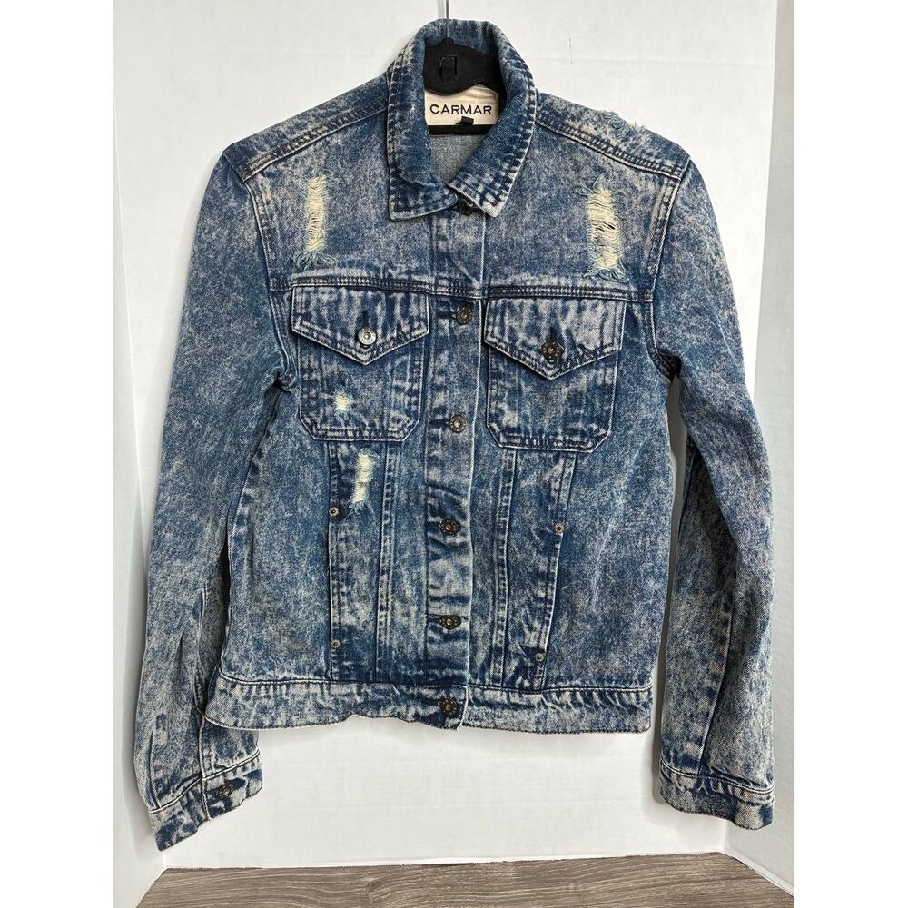 Carmar Women's Medium Distressed Denim Jacket Acid Wash Blue Pockets Cowgirl